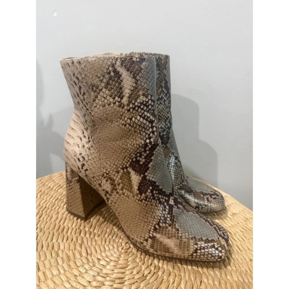 Bamboo Snake Print Ankle Boots Block Heel Women's Fashion Booties Size 10